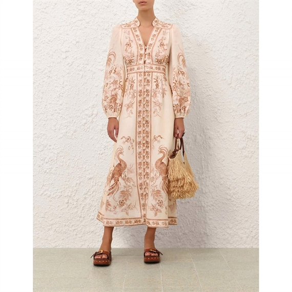Zimmermann Indra Plunge Midi Kjole, Cream Tan Floral